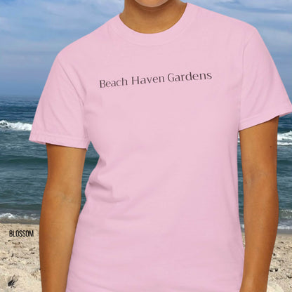 Driftwood, Beach Haven Gardens Comfort Colors shirt